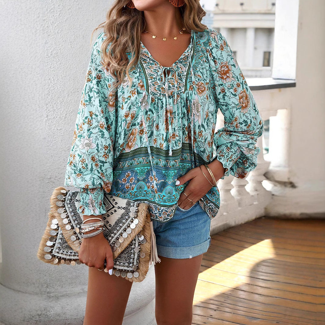 Blouse for women with floral patterns and tie neckline Lune London
