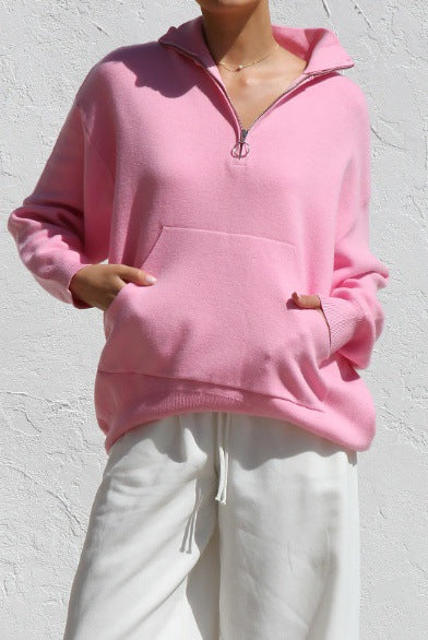 Women Oversized sweater with half-zip and kangaroo pocket Lune London