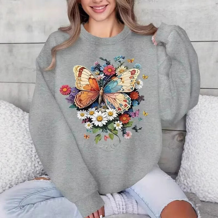 Sweatshirt à longues manches pour femmes avec imprimé floral de papillon Chic & Stil