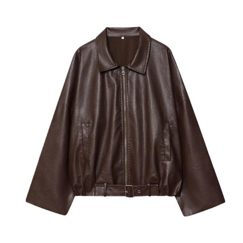 Cropped faux leather jacket for women with an urban style featuring a wide collar and practical pockets Lune London