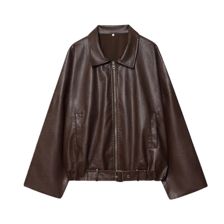 Cropped faux leather jacket for women with an urban style featuring a wide collar and practical pockets Lune London