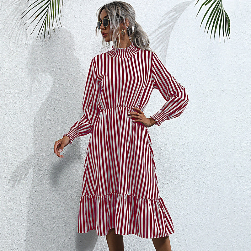 Lune London striped tiered midi dress for women with long sleeves and high collar
