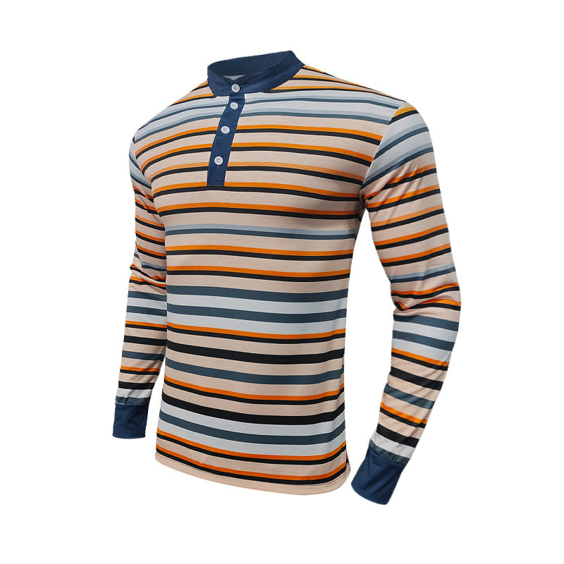 Men's Long Sleeve Henley T-shirt with Fine Striped Pattern and Modern Collar Lune London