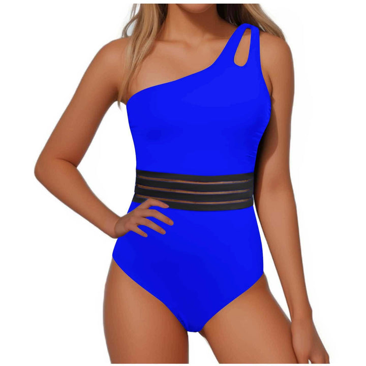 Women's one-piece swimsuit with asymmetrical neckline and fashionable mesh trim Lune London