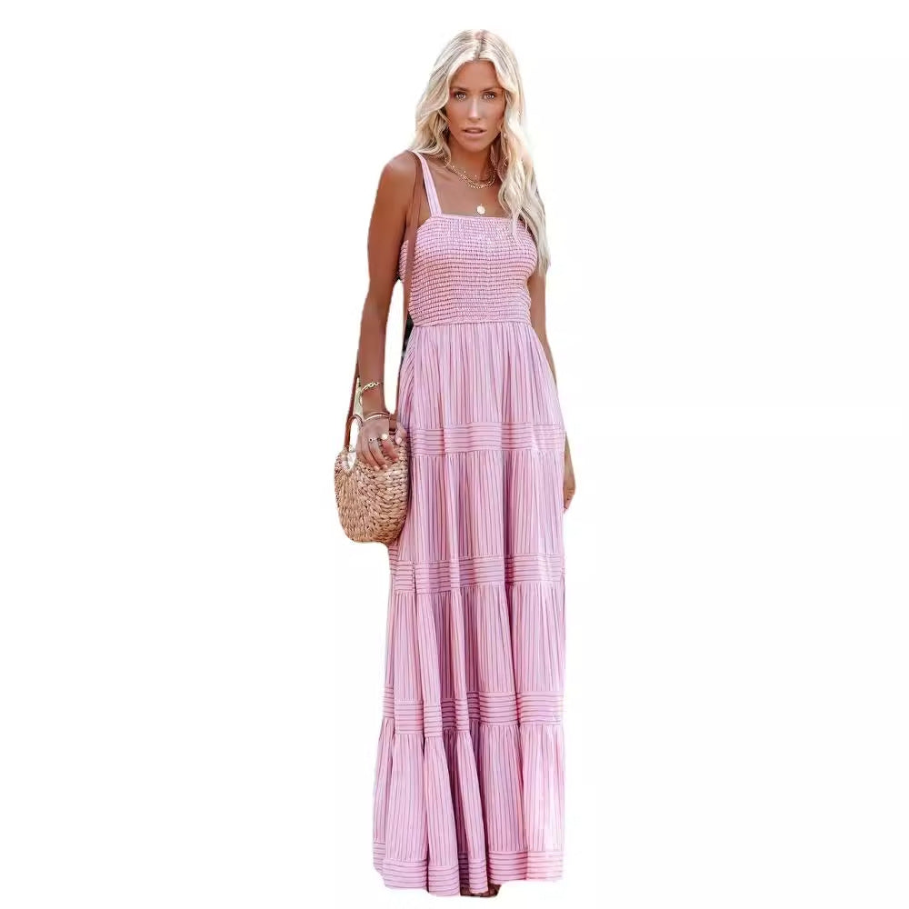 Long maxi dress for women, slightly flared, with gathers and spaghetti straps Chic & Stil