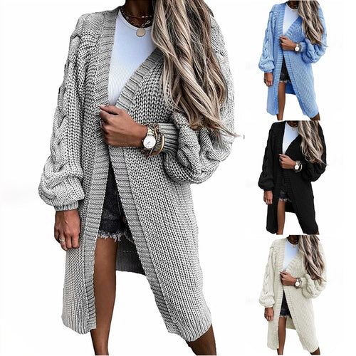Ladies chunky knit cardigan with voluminous sleeves and open front Lune London