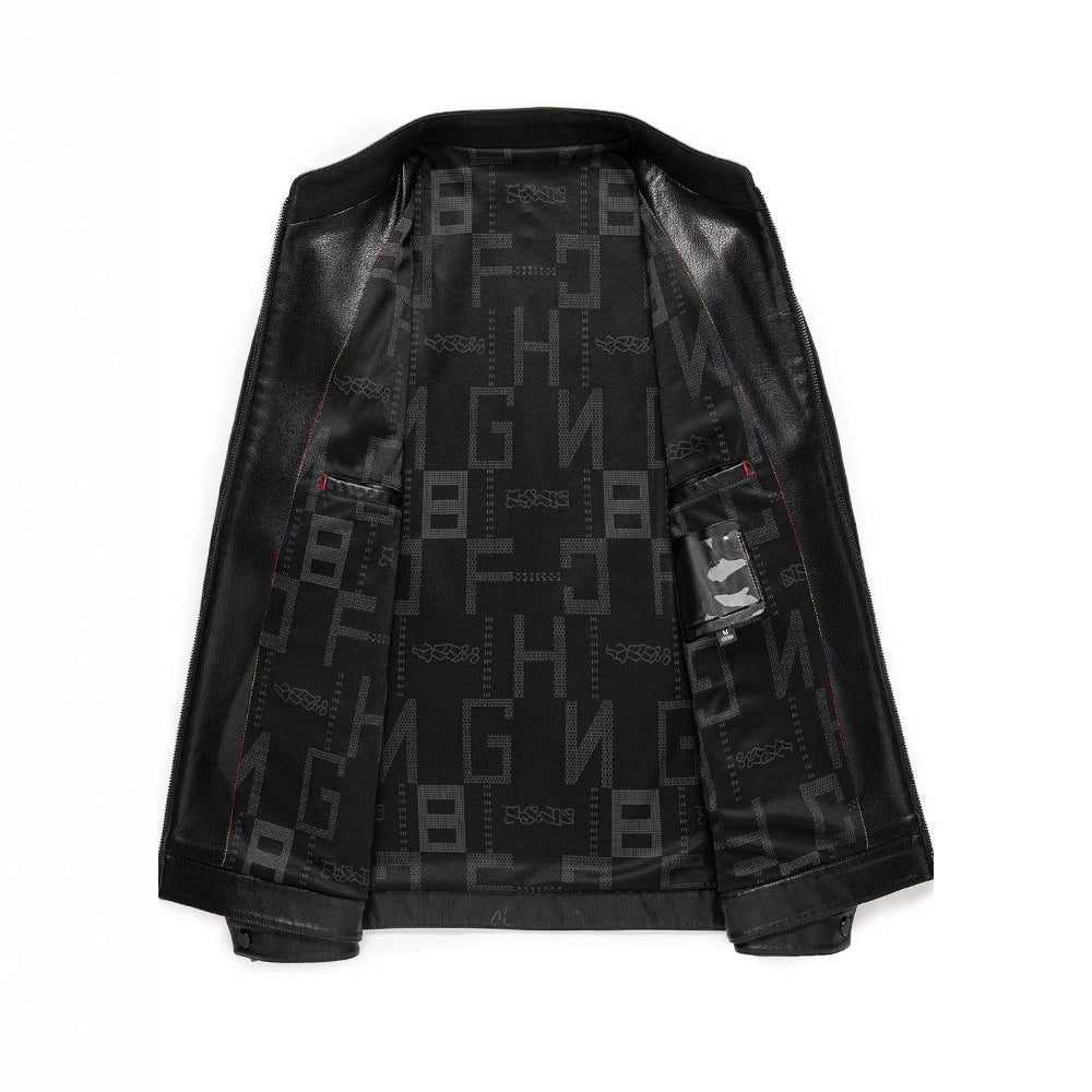 Casual faux leather jacket for men with a modern high collar and chic stylish details