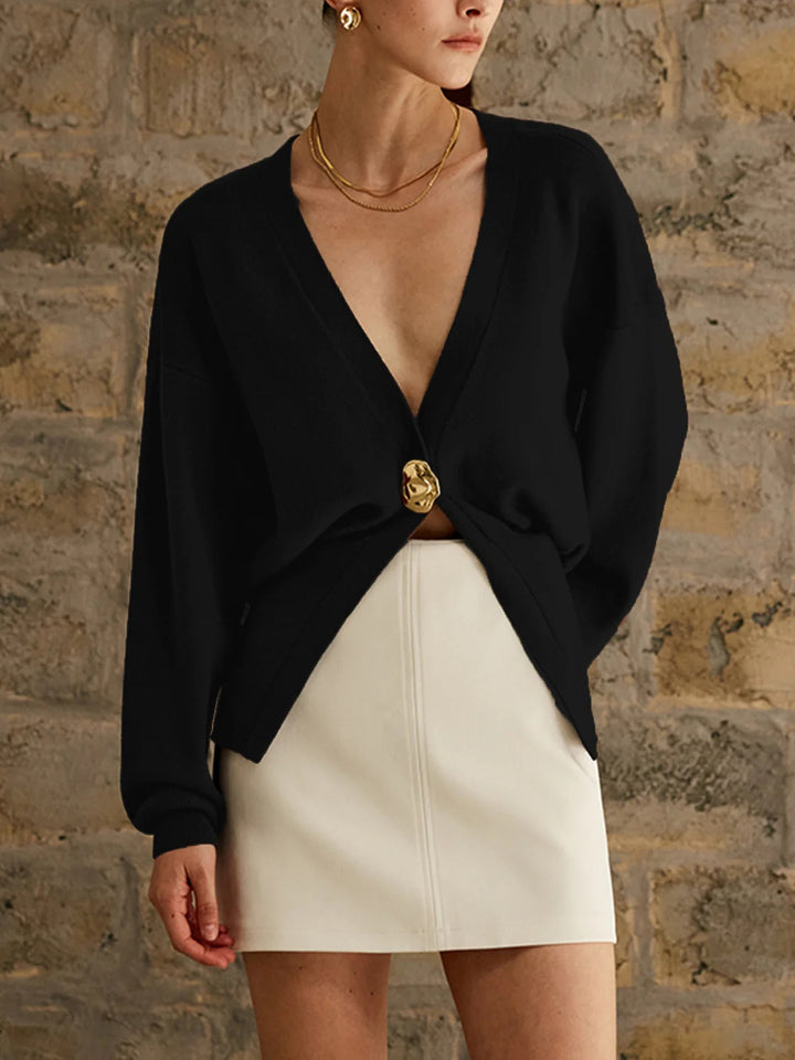 Women's fashion knitted cardigan with deep V-neck and decorative button Lune London
