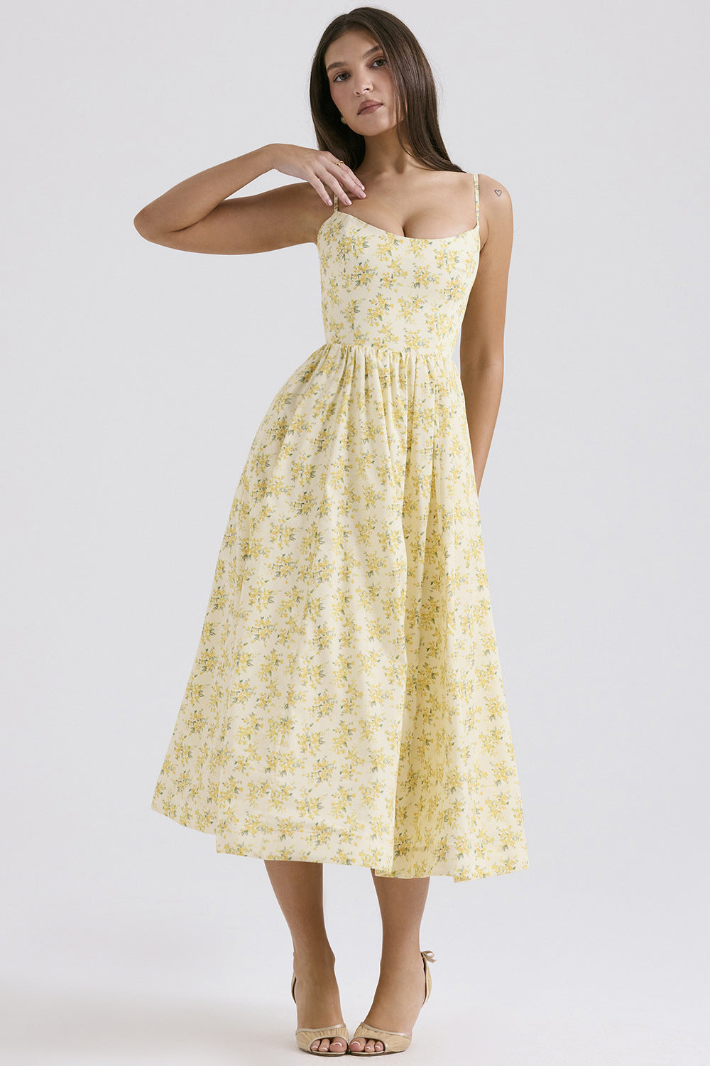 Women’s midi floral dress with strapless style and swinging skirt Lune London
