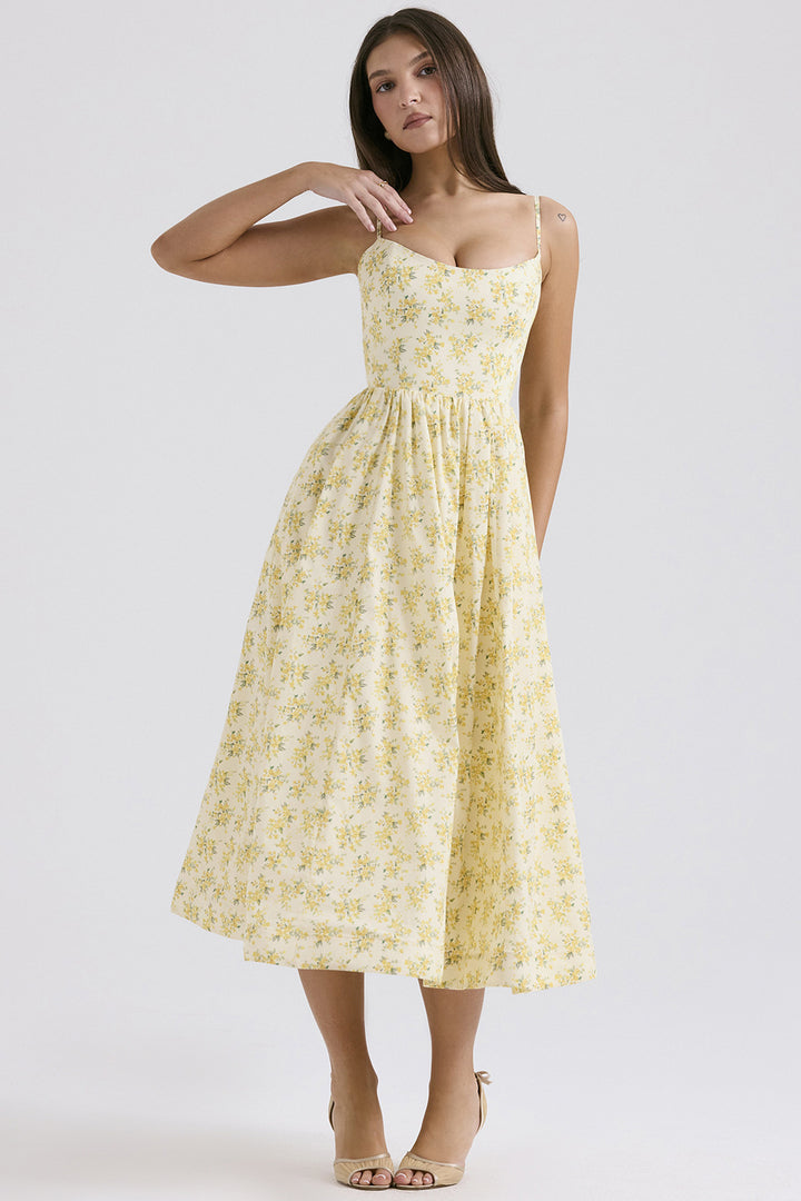 Women’s midi floral dress with strapless style and swinging skirt Lune London