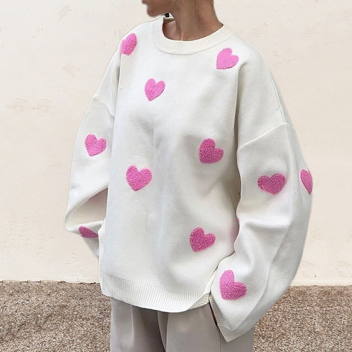 Ladies Comfortable Sweater with Chic Heart Pattern and Style