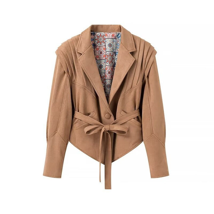 Trendy short blazer jacket for ladies with belt and decorative pleats Lune London