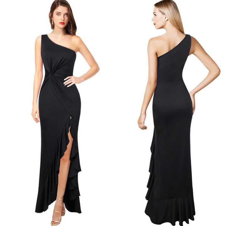 Maxi dress for women with asymmetrical neckline and elegant draped design Lune London