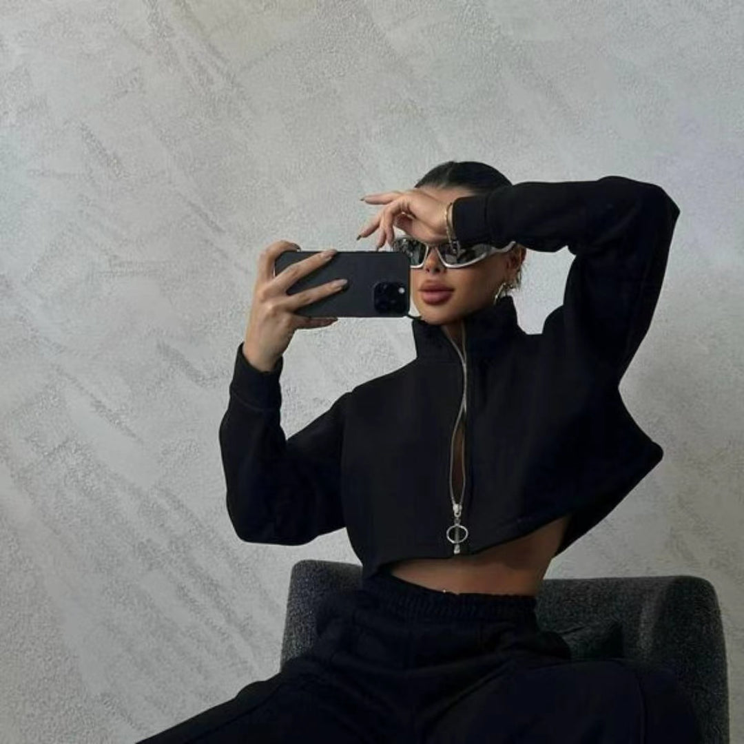 Chic and stylish cropped sporty sweater for women with high collar