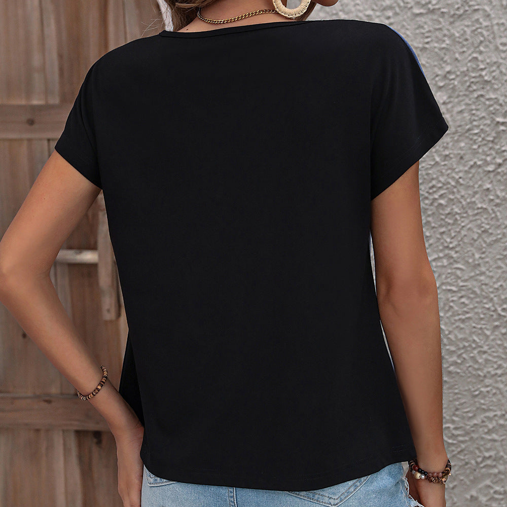 Trendy women's V-neck T-shirt with button details and chic color block design
