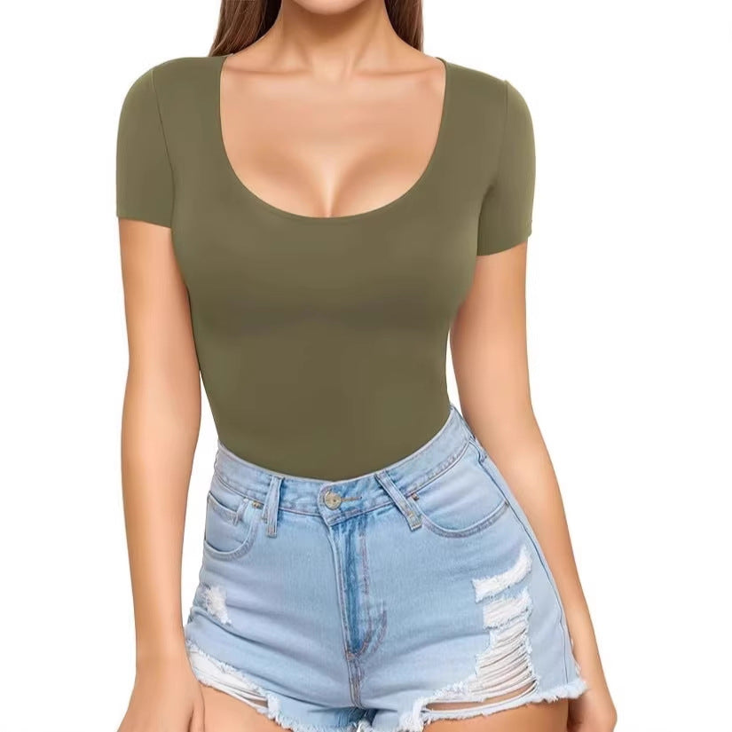 Women's fitted short-sleeve bodysuit with round neckline and seamless design Lune London