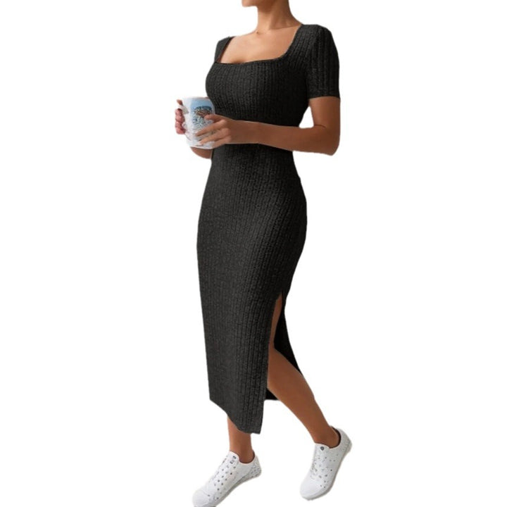 Lune London fitted maxi dress for women with side slits and stretchy material