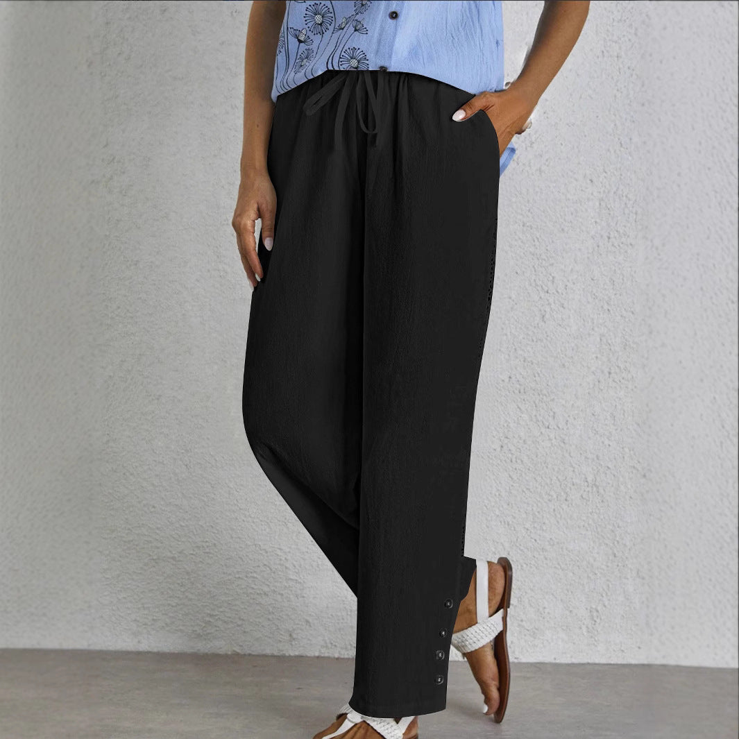 Oversized summer pants for women with elastic waistband and side button details Lune London