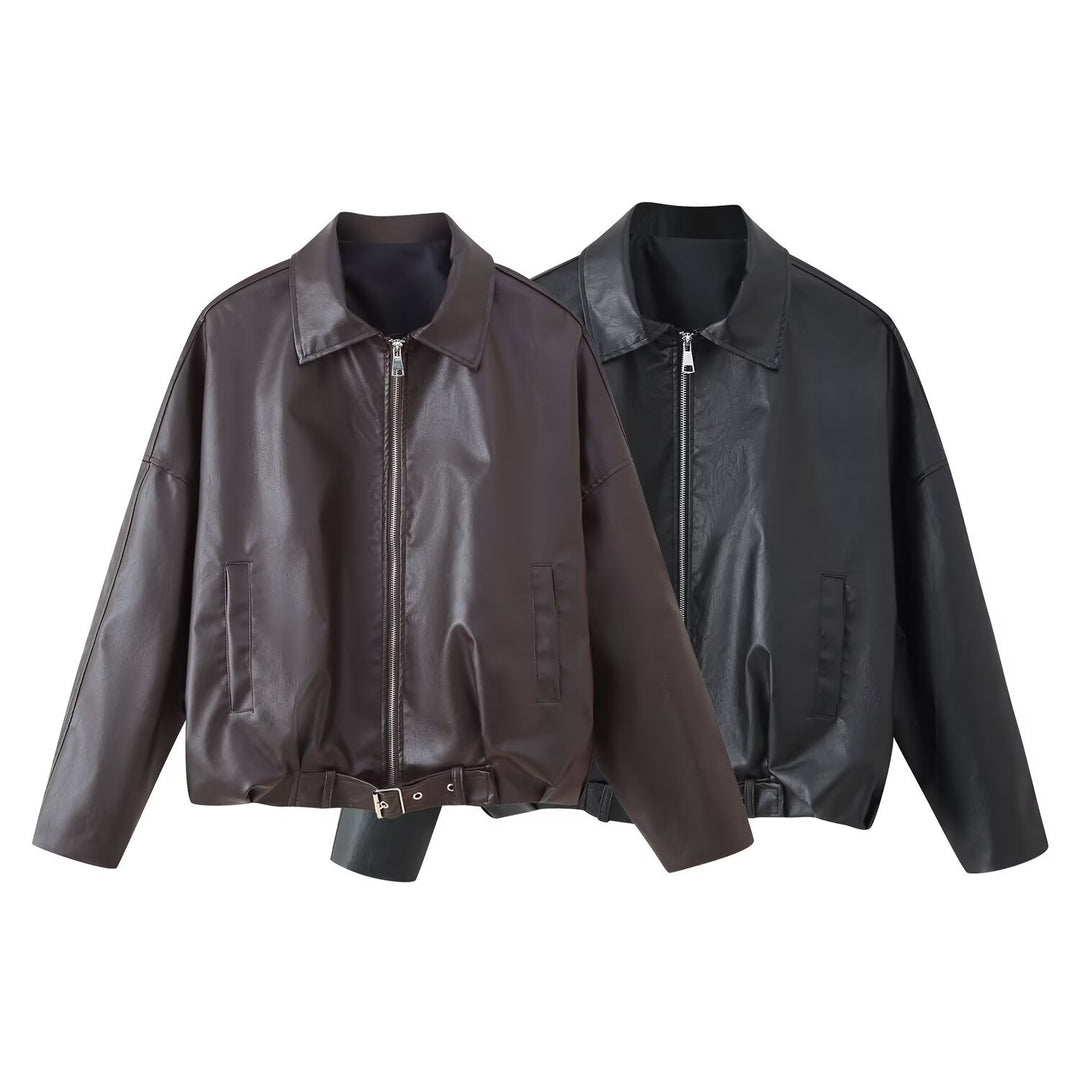 Fashionable synthetic leather jacket for ladies with a belt at the waist Lune London