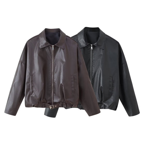 Fashionable synthetic leather jacket for ladies with a belt at the waist Lune London