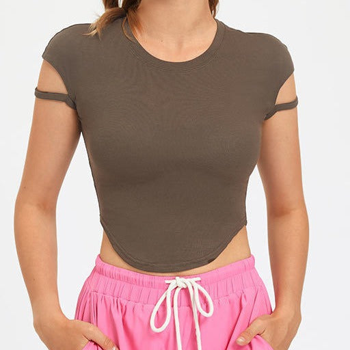 Ladies Short Sleeve Crop Top with Innovative Design and Chic Elastic Straps