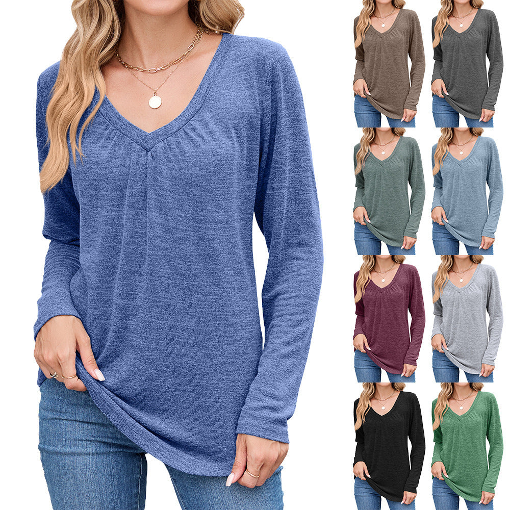 Casual long sleeve T-shirt for women with V-neck and pleated detail Lune London