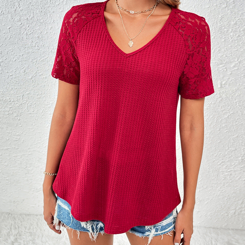 Ladies elegant V-neck top with lace sleeves and textured pattern Lune London