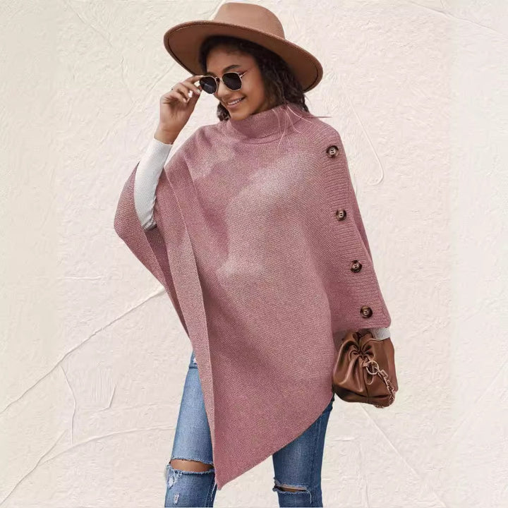 Elegant ladies poncho with high collar and decorative buttons Lune London