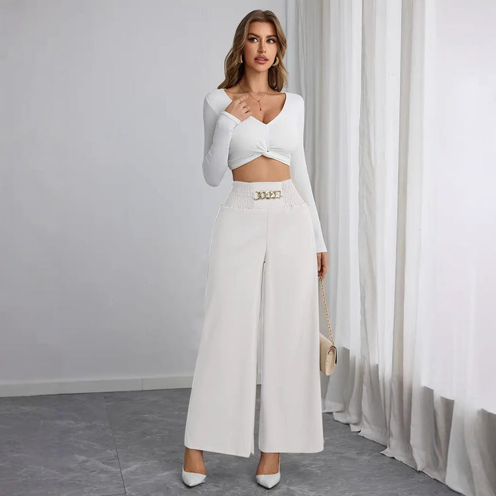 High-waisted wide-leg pants for women with decorative elastic and a trendy belt Lune London