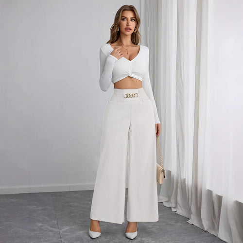 High-waisted wide-leg pants for women with decorative elastic and a trendy belt Lune London