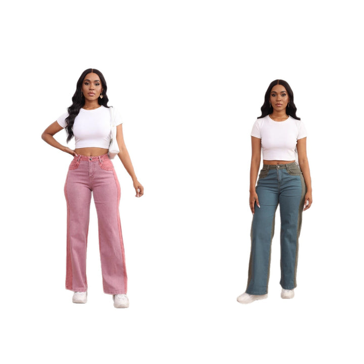 High-waisted women's jeans with a modern color block design and flared leg Lune London