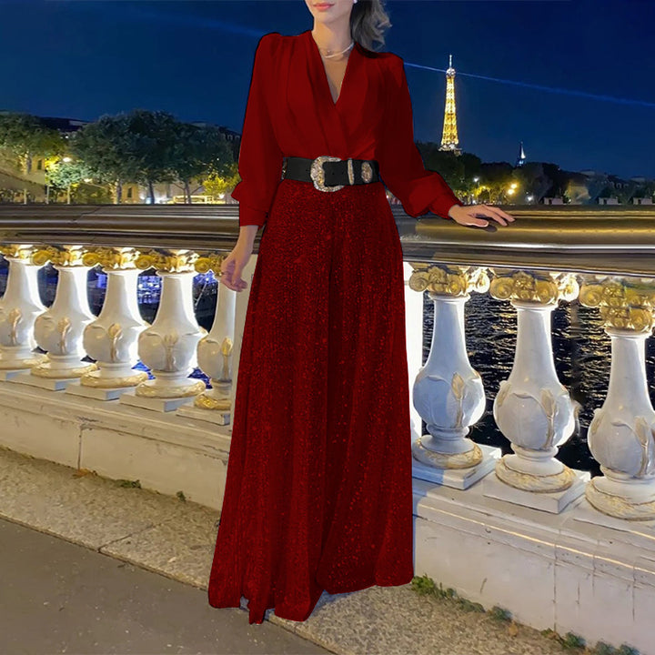 Glamorous evening dress for women with sparkling top and flared skirt Lune London