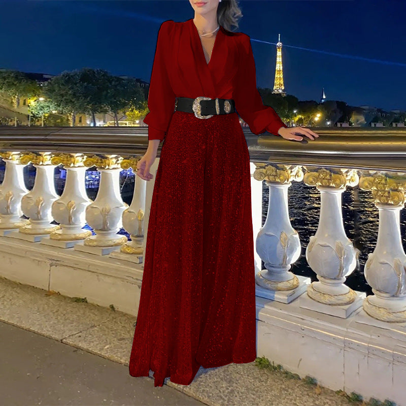 Women's Glamorous Evening Dress with Shimmering Top and Flared Skirt Lune London
