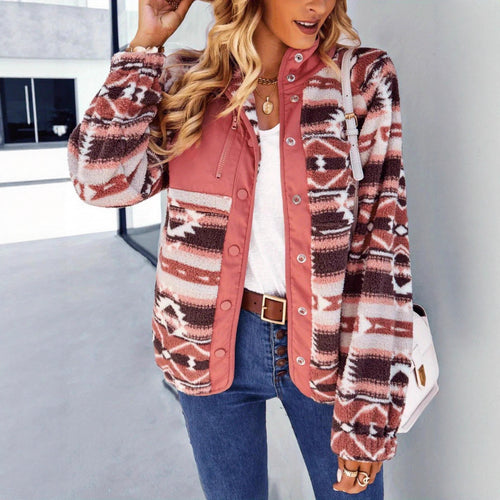 Ladies Plush Printed Jacket with High Collar and Snap Closure Lune London