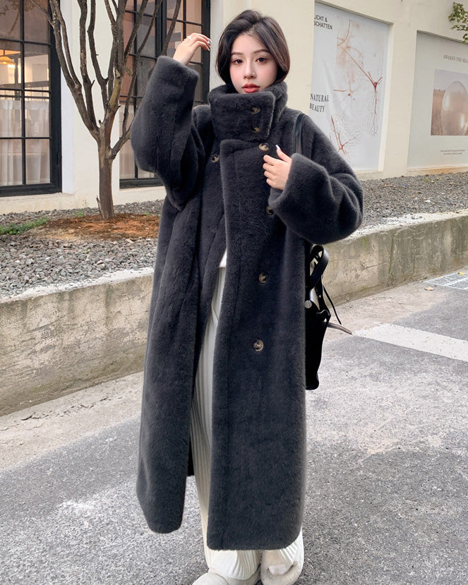 Lune London | Collar Double Breasted Faux Mink Fur Long Coat