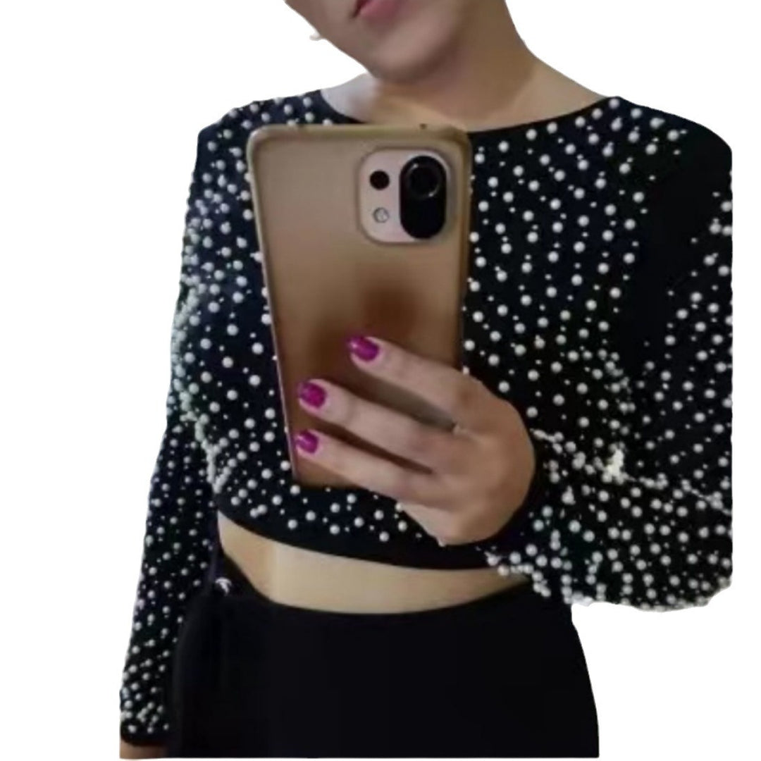 Ladies Elegant Long Sleeve Crop Top with Chic Pearl Trim and Style