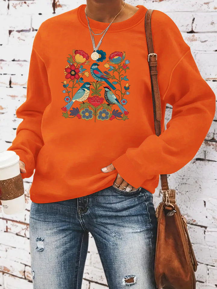 Sweatshirt pour femme avec motif floral d'oiseau et coupe décontractée Chic & Stil