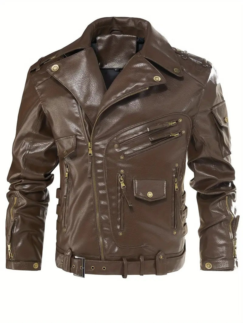 Stylish biker jacket for men with multiple zippered pockets and belt detail Lune London