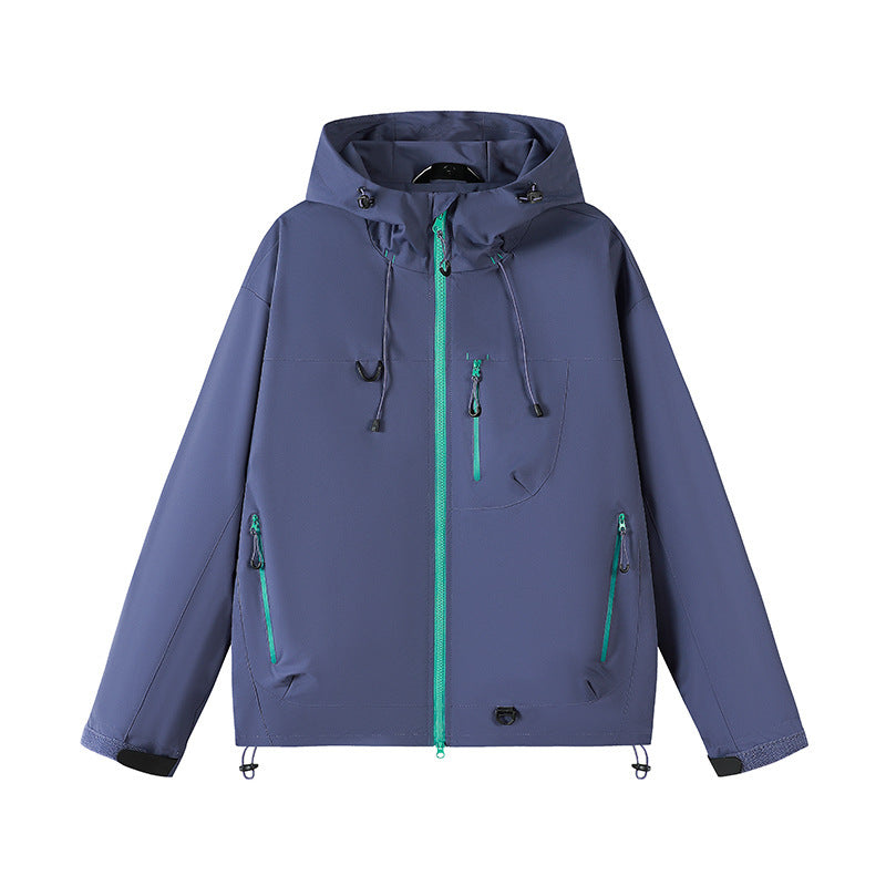 Outdoor technical jacket for men with adjustable hood design and numerous zipped pockets Lune London
