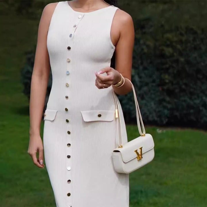 Ladies' knit dress with button placket and pockets Lune London
