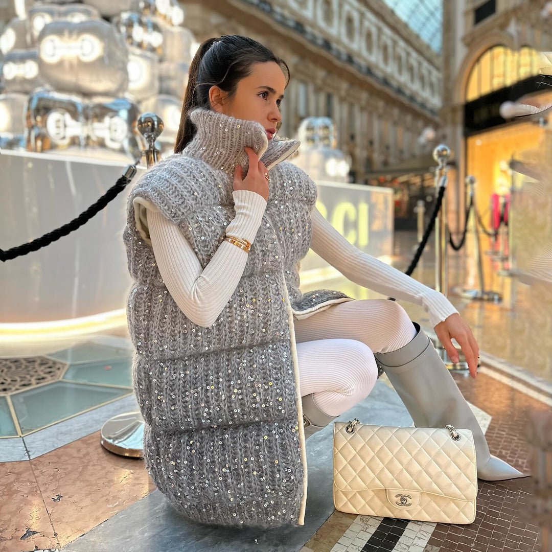 Quilted vest for women with elegant sequin details and a high collar Lune London