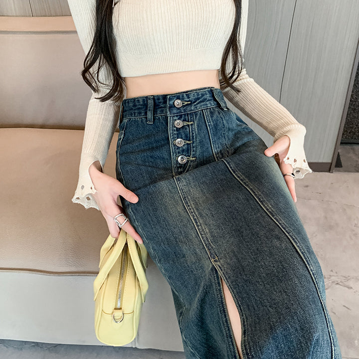 Jupe en denim longue pour femmes avec fente frontale Chic & Stil