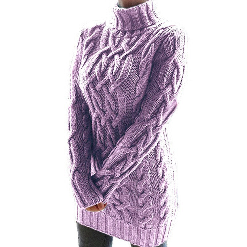 Chunky knit pullover for women with high collar and cable knit pattern Lune London