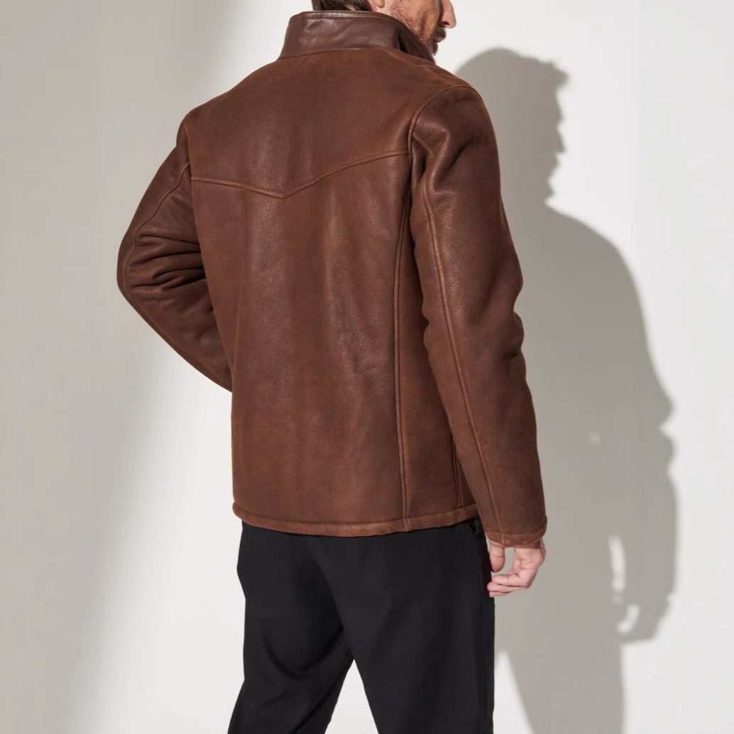 Men's Robust Leather Jacket with Quilted Details and High Collar Lune London