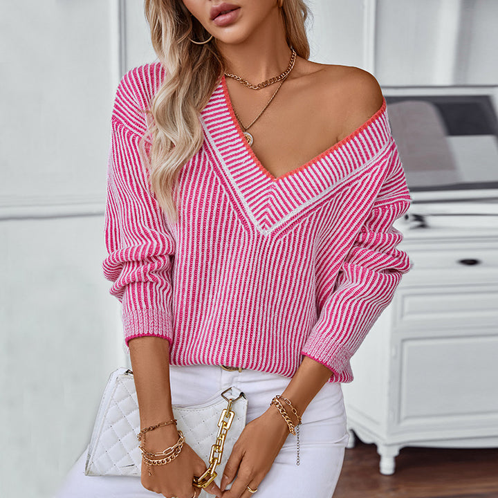Knitted pullover for women with V-neck and striped design Lune London