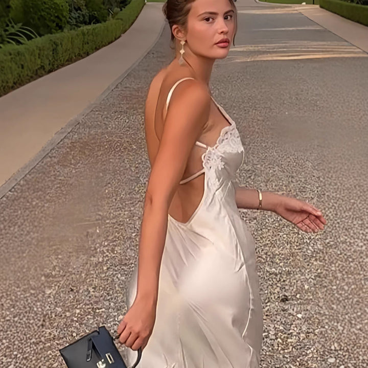 Ladies elegant satin maxi dress with lace trim and narrow strap design Lune London