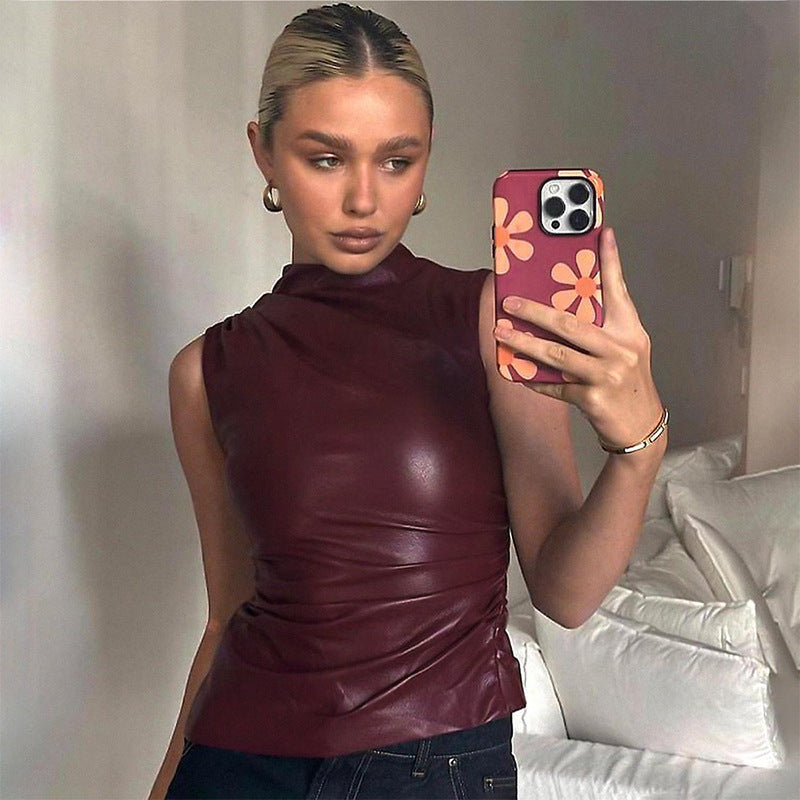 Ladies Elegant Top in high-quality faux leather with asymmetrical cut Lune London