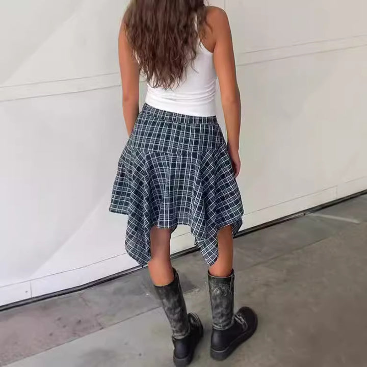 Asymmetrical checked skirt for women with elastic waist Lune London