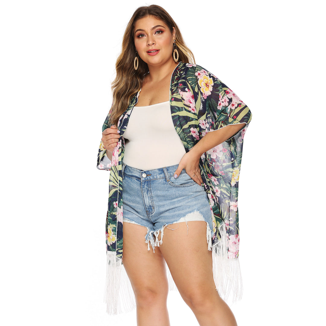Ladies-Kimono with floral print and fringes Lune London