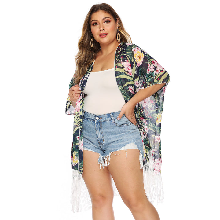 Ladies-Kimono with floral print and fringes Lune London